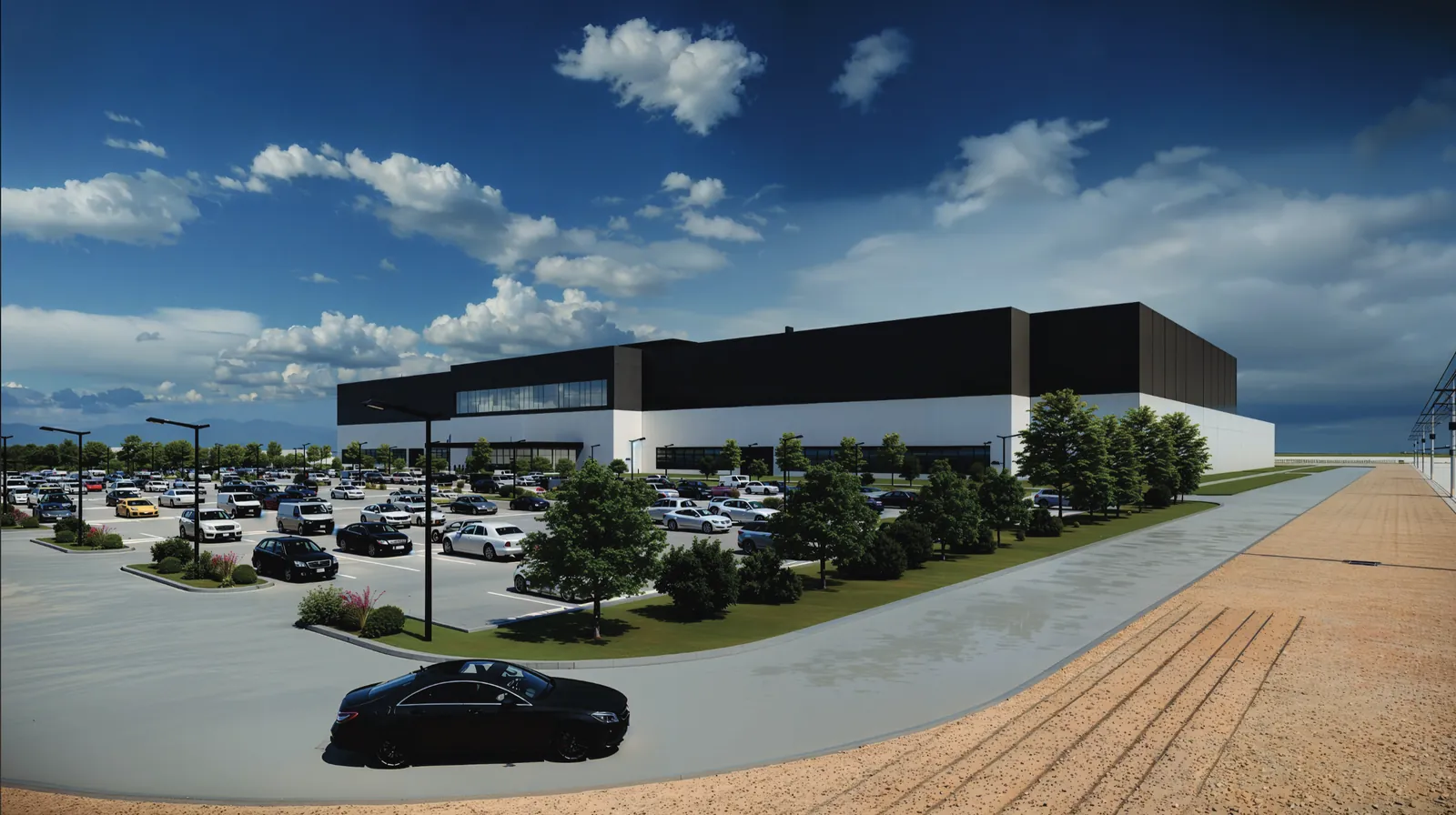 Exterior rendering of the data center building and parking