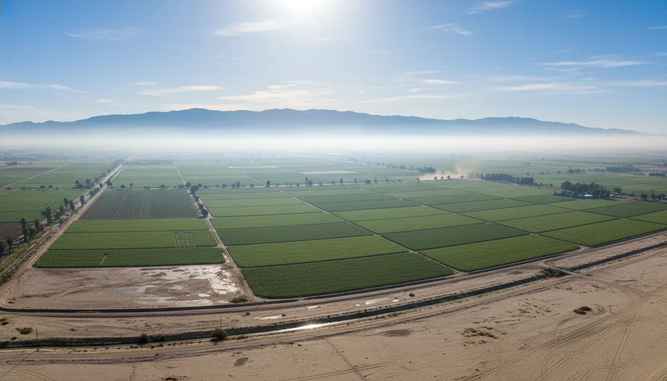 Aerial view of cultivated land with mountains in the background, Imperial County